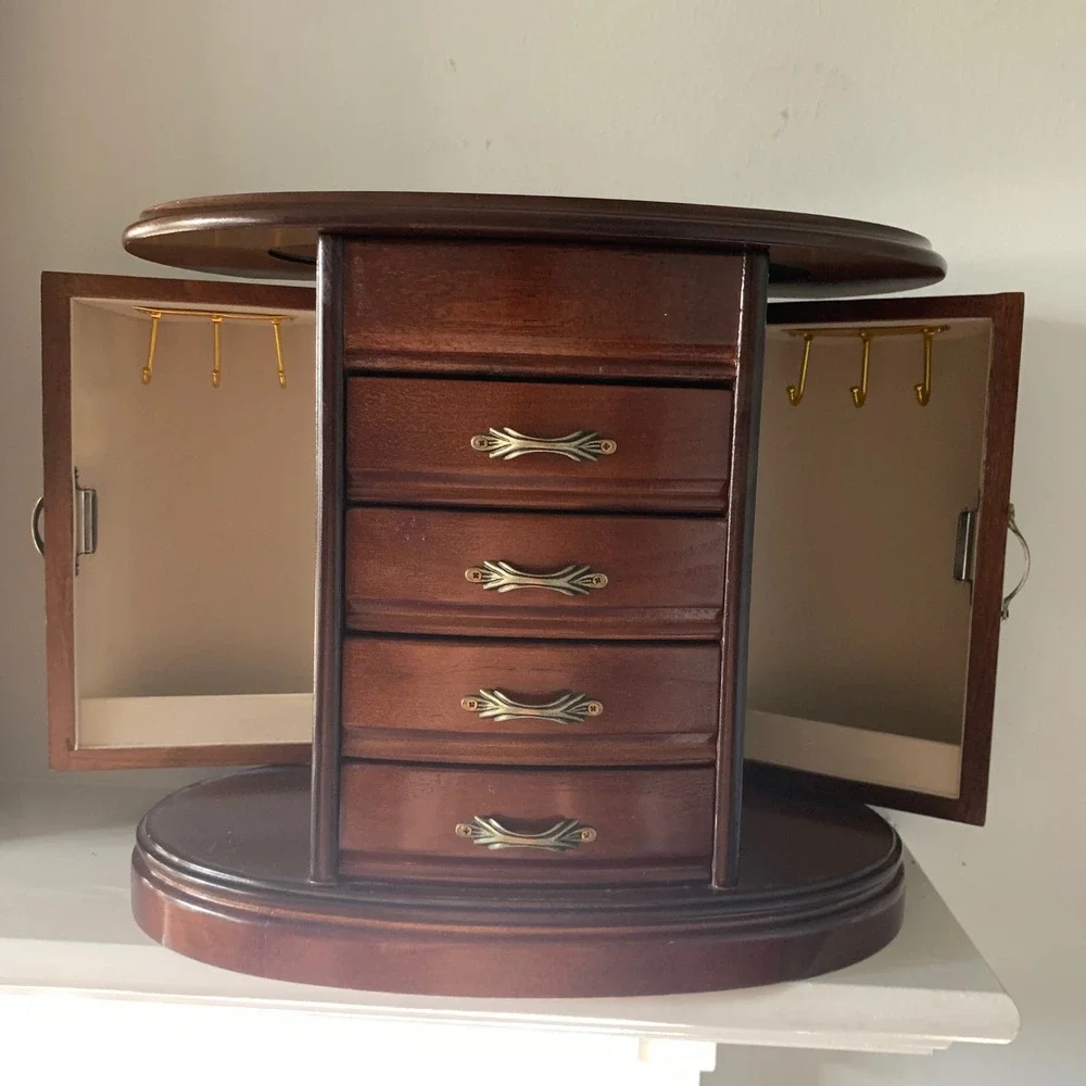 Vintage‎ Wooden Jewelry Box Armoire Chest 4 Drawers Necklace Hooks Cherry Finish